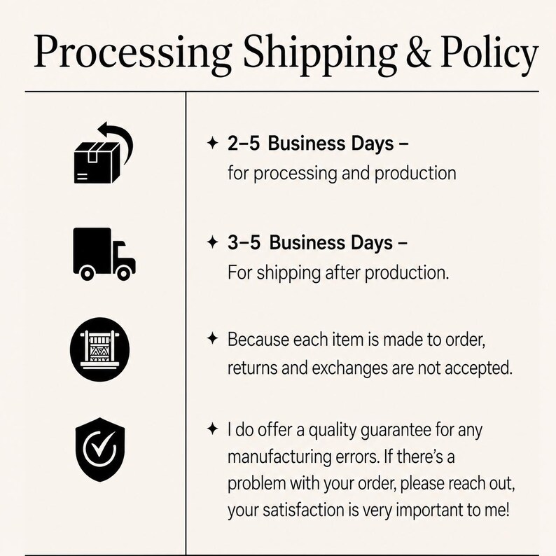 May include: An informational graphic titled Processing Shipping & Policy with four black icons: a package, a delivery truck, a loom, and a shield with a checkmark. The text outlines production times, shipping durations, and return policies.