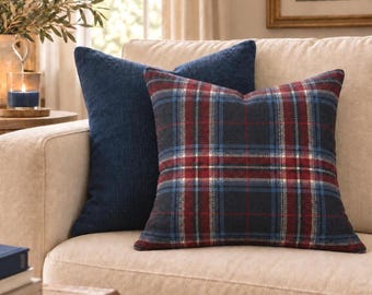 Tartan Plaid Throw Pillow Woven Jacquard Pillow Cover Decorative Red Navy Couch Pillow English Country Accent Gift Rustic Lodge Cabin Decor