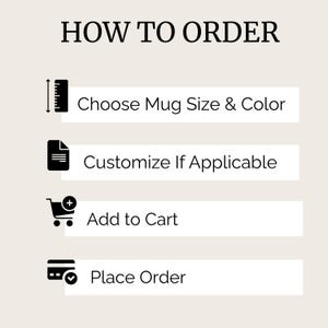 May include: An instructional graphic titled HOW TO ORDER with four steps: Choose Mug Size & Color with a ruler icon, Customize If Applicable with a document icon, Add to Cart with a shopping cart icon, and Place Order with a credit card icon.