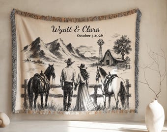 Western Wedding Blanket Custom Couple Gift Personalized Cowboy Throw for Bride and Groom Name Date Anniversary Gift Rustic Jacquard Tapestry