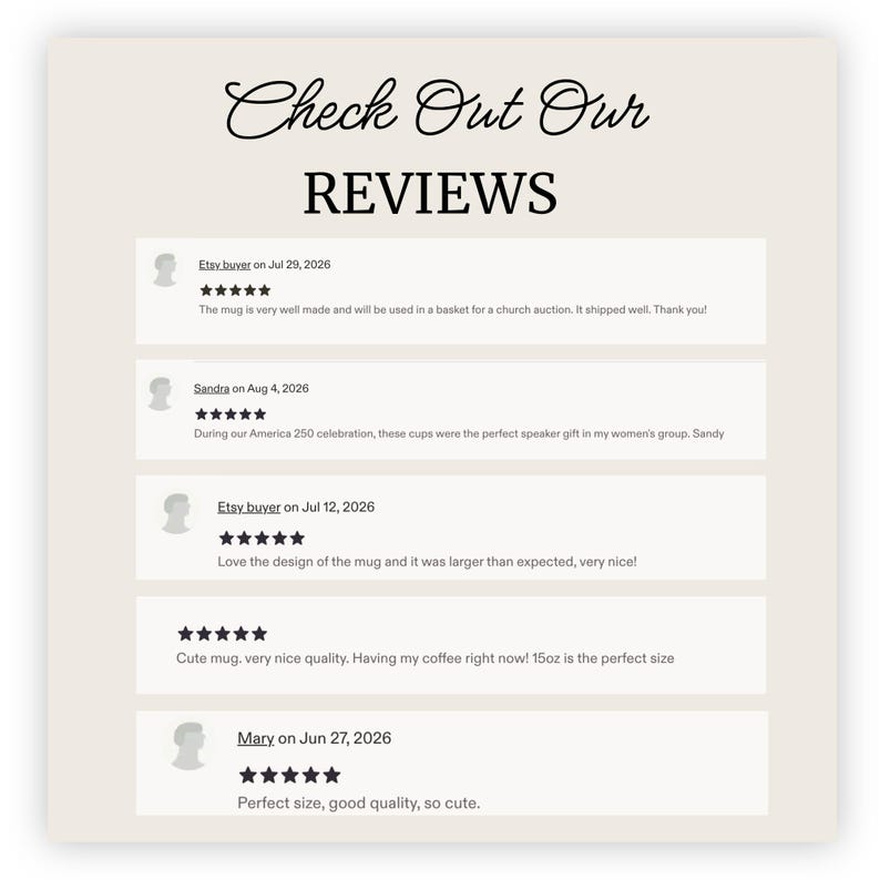May include: A beige graphic display titled Check Out Our REVIEWS featuring five customer testimonials. Each review includes a five-star rating, a username, a date, and text comments regarding a mug, including mentions of a 15oz size and quality.