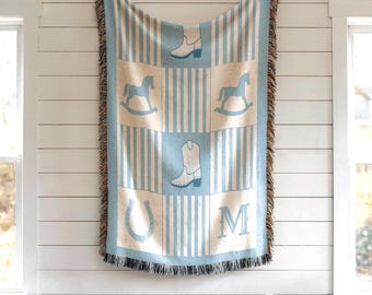 Baby Boy Blanket Personalized Western Baby Shower Gift Custom Cowboy Crib Blanket Rustic Nursery Decor Vintage Rocking Horse Jacquard Throw