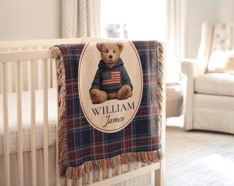 Custom Polo Teddy Bear Blanket Personalized Tartan Nursery Decor 100% Cotton Jacquard Woven Throw Baby Boy Baby Shower Gift Keepsake