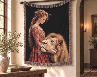 Medieval Lion Woven Tapestry Fantasy Maiden Wall Hanging Baroque Renaissance Gift Throw Enchanted Woodland Art Fairycore Folklore Blanket