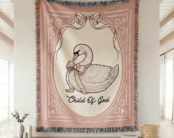 Christian Baby Blanket Child of God Baptism Gift Vintage Swan Nursery Decor Baby Shower Newborn Keepsake Gift 100% Woven Cotton Jacquard