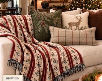 Luxury Jacquard Holiday Blanket Vintage Berry Woven Throw Housewarming Gift English Country Cottage Decor Classic Christmas Ticking Stripe