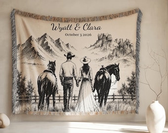 Western Wedding Blanket Custom Couple Gift Personalized Cowboy Throw for Bride and Groom Name Date Anniversary Gift Rustic Jacquard Tapestry