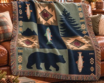 Bear and Trout Woven Blanket Hunter Outdoorsman Gifts for Him Rustic Cabin Tapestry Mountain Lodge Decor Woodland Wildlife Fishing Throw