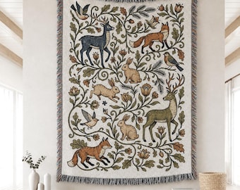 Woodland Animals Woven Blanket Enchanted Forest Cottagecore Decor 100% Cotton Wall Tapestry Deer Fox Textile Wall Art Rustic Home Gift
