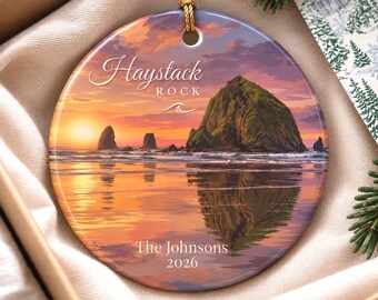 Custom Haystack Rock Ornament Personalized Cannon Beach Travel Gift PNW Scenic Roc Keepsake Astoria Oregon Coast Destination Souvenir