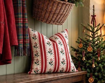 Vintage Christmas Pillow Cover Holly Berry Ticking Stripe Throw Pillow Rustic Farmhouse Decor Luxury Housewarming Gift Accent Pillow Cushion