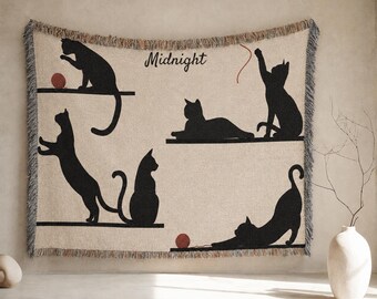 Personalized Black Cat Blanket Custom Gift For Cat Mom Black Cat Gifts For Cat Mom and Cat Dad Cotton Jacquard Throw For Fall Cat Person