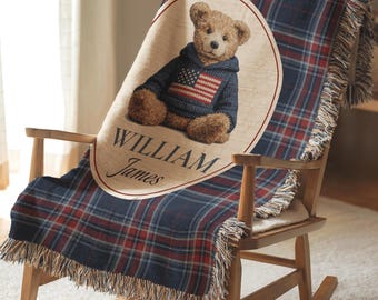 Custom Polo Teddy Bear Blanket Personalized Tartan Nursery Decor 100% Cotton Jacquard Woven Throw Baby Boy Baby Shower Gift Keepsake