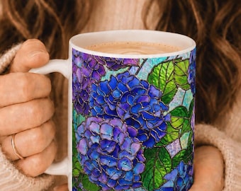 Stained Glass Mug Flower Lover Gift Hydrangea Coffee Cup Nature Lover Ceramic Mug Botanical Stained Glass Floral Art Gift for Woman