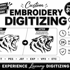 Pode incluir: Um gráfico em preto e branco para serviços de digitalização de bordados personalizados. Apresenta uma ilustração de cabeça de tigre comparando uma imagem vetorial com um arquivo de bordado, com texto incluindo 1 hora de entrega, 24 horas de serviço e formatos como DST, PES, JEF, EXP e VP3.