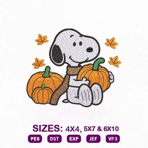 May include: An embroidery design featuring a white beagle with a black ear and a brown scarf, sitting between two orange pumpkins with green stems. Four orange autumn leaves are scattered around the character. Text reads: SIZES: 4X4, 5X7 & 6X10.