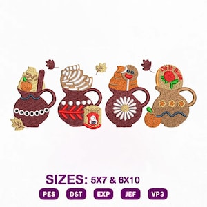 May include: Embroidered designs of four mugs with whipped cream, gingerbread men, and fall accents. The mugs are brown with various decorative elements. The text "SIZES: 5X7 & 6X10" is displayed below the mugs, along with file type abbreviations.