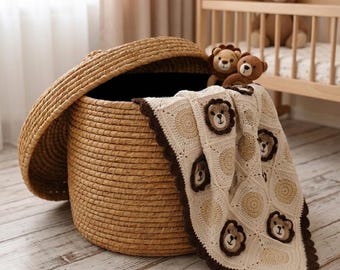 Copertina per neonato all'uncinetto con leone, copertina per cameretta a tema safari, regalo fatto a mano per baby shower, copertina neutra per neonato, copertina per neonato a tema giungla, copertina per bambini piccoli