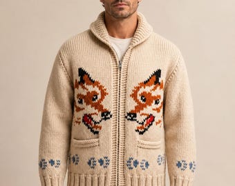 Unisex Fox Nordic Shawl Collar Cardigan | Wool Blend Knit Winter Jacket