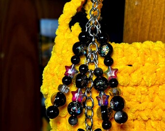 Beaded black galaxy starry kitty keychain