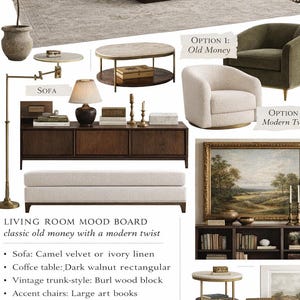 May include: A living room mood board with a classic, old money aesthetic and a modern twist. The color palette includes shades of brown, beige, and green. The image features a camel velvet sofa, a dark walnut coffee table, and accent chairs. The design includes a vintage trunk-style burl wood block.
