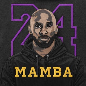 May include: Black hoodie featuring an embroidered portrait of a man with a beard. The number 24 is embroidered in purple on the upper back. The word "MAMBA" is embroidered in gold across the chest.
