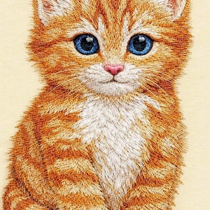 May include: An embroidered image of a ginger kitten with striking blue eyes and a pink nose. The kitten's fur is rendered in orange and white threads, giving a textured effect. The background is a soft, cream colour, which accentuates the kitten.