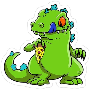 Può includere: Un adesivo di un dinosauro verde dei cartoni animati con una fetta di pizza. Il dinosauro ha un occhio arancione, una lingua blu e dettagli blu. La fetta di pizza ha pepperoni e formaggio fuso.