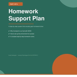 Puede incluir: Un gráfico verde azulado y naranja titulado "Plan de apoyo para la tarea" de "The Guided Parent". El texto destaca un sistema paso a paso para la tarea, abordando los desafíos del TDAH y la configuración del entorno. Incluye hojas de trabajo.