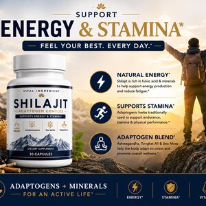 May include: A white plastic bottle of Shilajit Adaptogen Complex dietary supplement with 30 capsules. The label features mountain graphics and text detailing ingredients like Ashwagandha, Sea Moss, and Tongkat Ali for energy and stamina support.