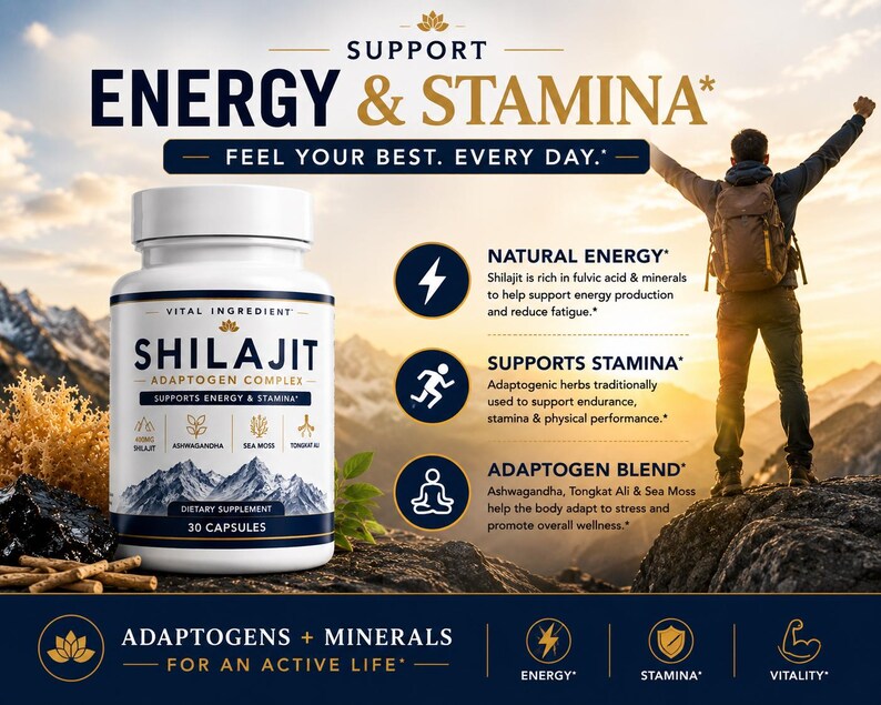 May include: A white plastic bottle of Shilajit Adaptogen Complex dietary supplement with 30 capsules. The label features mountain graphics and text detailing ingredients like Ashwagandha, Sea Moss, and Tongkat Ali for energy and stamina support.