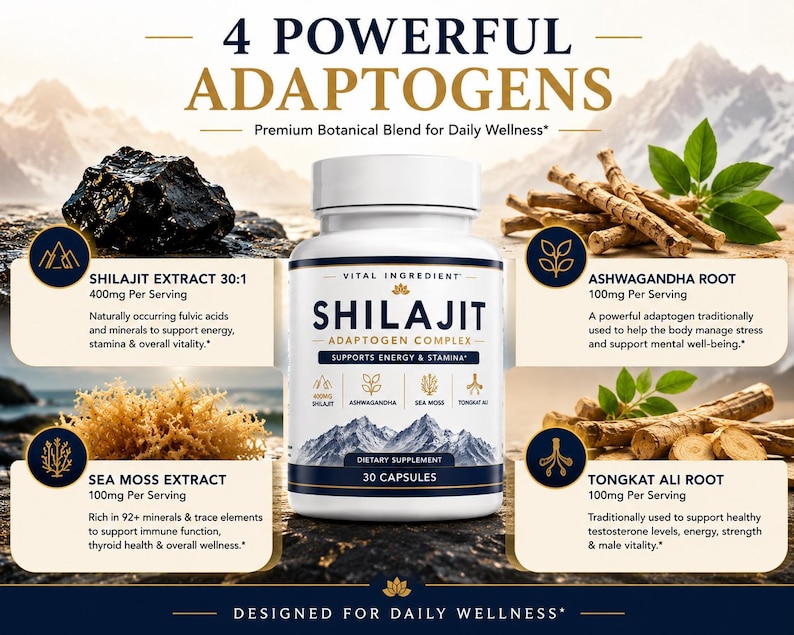 May include: A white bottle of Shilajit Adaptogen Complex dietary supplement containing 30 capsules. The label features text detailing four ingredients: 400mg Shilajit extract, 100mg Ashwagandha root, 100mg Sea Moss extract, and 100mg Tongkat Ali root.