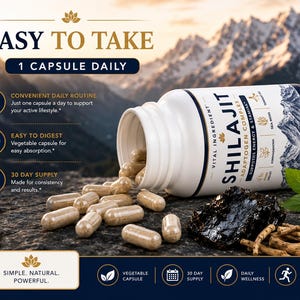 May include: A white plastic bottle of Shilajit dietary supplement capsules with a mountain graphic. The label reads "Shilajit Adaptogen Complex" and "30 Capsules". Several light brown capsules are spilled out next to a dark resinous rock.