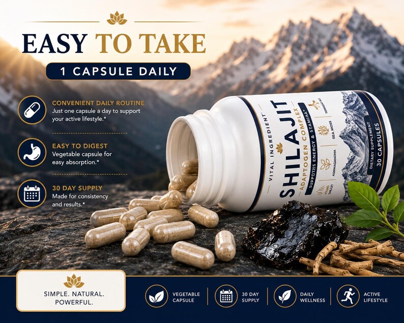May include: A white plastic bottle of Shilajit dietary supplement capsules with a mountain graphic. The label reads "Shilajit Adaptogen Complex" and "30 Capsules". Several light brown capsules are spilled out next to a dark resinous rock.