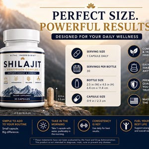 May include: A white bottle of Shilajit Adaptogen Complex dietary supplement with 30 capsules. The label lists ingredients and dimensions of 2.5 inches wide by 4.5 inches high. A single capsule measures 0.9 inches. Includes usage and benefit text.