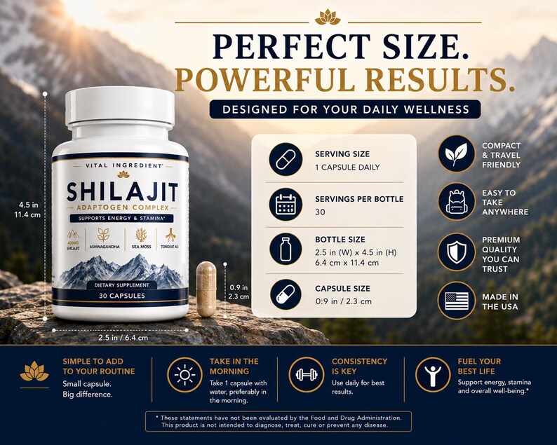 May include: A white bottle of Shilajit Adaptogen Complex dietary supplement with 30 capsules. The label lists ingredients and dimensions of 2.5 inches wide by 4.5 inches high. A single capsule measures 0.9 inches. Includes usage and benefit text.