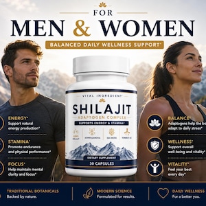 May include: A white plastic bottle of Shilajit Adaptogen Complex dietary supplement containing 30 capsules. The label features mountain graphics, text listing ingredients like Ashwagandha and Sea Moss, and icons representing energy, stamina, and focus.