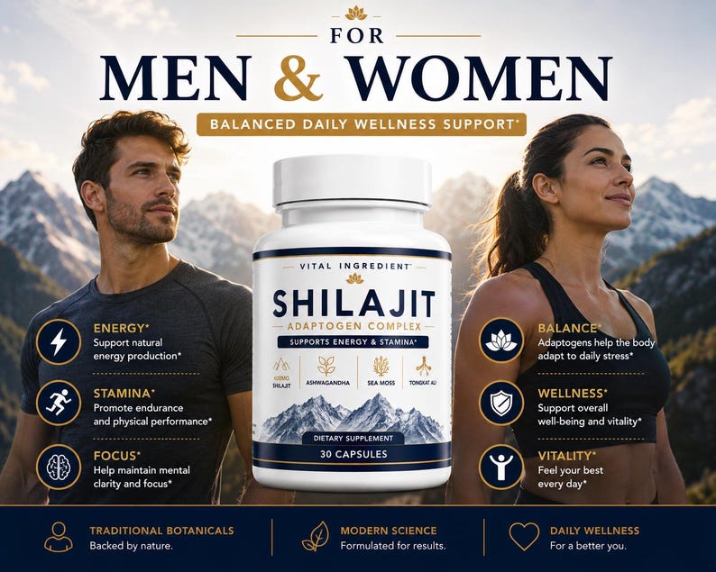 May include: A white plastic bottle of Shilajit Adaptogen Complex dietary supplement containing 30 capsules. The label features mountain graphics, text listing ingredients like Ashwagandha and Sea Moss, and icons representing energy, stamina, and focus.