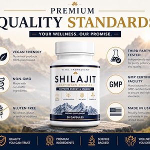 May include: A white bottle of Shilajit Adaptogen Complex dietary supplement with 30 capsules. The label features text including Premium Quality Standards, Vital Ingredient, and lists benefits like vegan friendly, non-GMO, and gluten free.