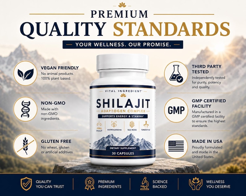 May include: A white bottle of Shilajit Adaptogen Complex dietary supplement with 30 capsules. The label features text including Premium Quality Standards, Vital Ingredient, and lists benefits like vegan friendly, non-GMO, and gluten free.
