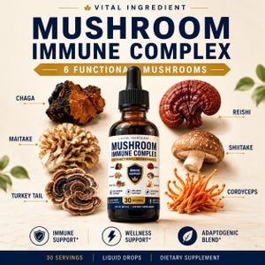 May include: A brown glass dropper bottle of Vital Ingredient Mushroom Immune Complex dietary supplement, 1 fl oz (30 ml), surrounded by Chaga, Maitake, Turkey Tail, Reishi, Shiitake, and Cordyceps mushrooms with text labels for each ingredient.
