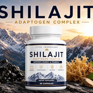 May include: A white plastic bottle of Shilajit Adaptogen Complex dietary supplement with 30 capsules. The label features the text Shilajit, Adaptogen Complex, Supports Energy & Stamina, and lists ingredients including Ashwagandha, Sea Moss, and Tongkat Ali.