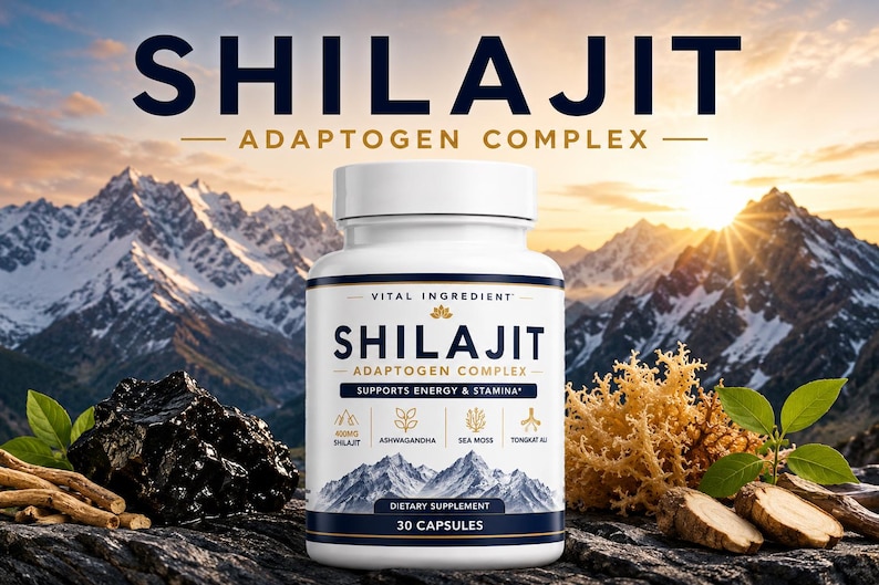 May include: A white plastic bottle of Shilajit Adaptogen Complex dietary supplement with 30 capsules. The label features the text Shilajit, Adaptogen Complex, Supports Energy & Stamina, and lists ingredients including Ashwagandha, Sea Moss, and Tongkat Ali.