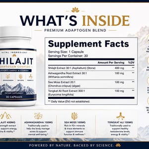 May include: A white plastic bottle of Shilajit Adaptogen Complex dietary supplement with 30 capsules. The label features a mountain graphic and a Supplement Facts table listing Shilajit, Ashwagandha, Sea Moss, and Tongkat Ali extracts.