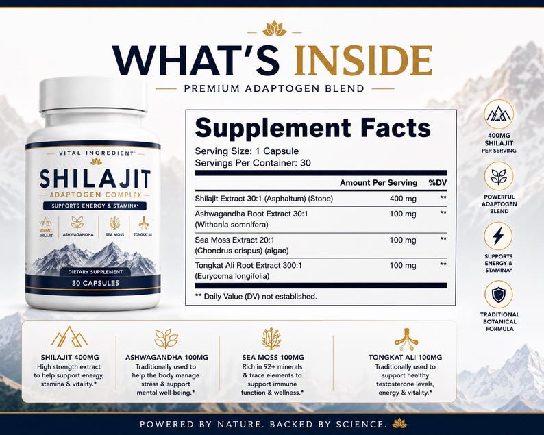 May include: A white plastic bottle of Shilajit Adaptogen Complex dietary supplement with 30 capsules. The label features a mountain graphic and a Supplement Facts table listing Shilajit, Ashwagandha, Sea Moss, and Tongkat Ali extracts.