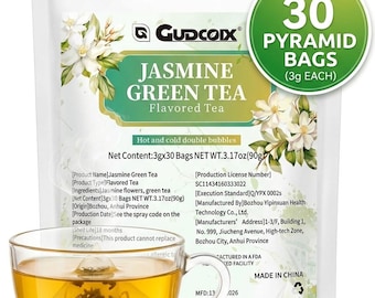 Jasmine Green Tea Bags, 30 Pyramid Sachets, Loose Leaf Floral Tea