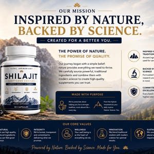 May include: A white plastic bottle of Shilajit Adaptogen Complex dietary supplement with 30 capsules. The label features mountain graphics and text including 'Inspired by Nature, Backed by Science' and 'Supports Energy & Stamina'.