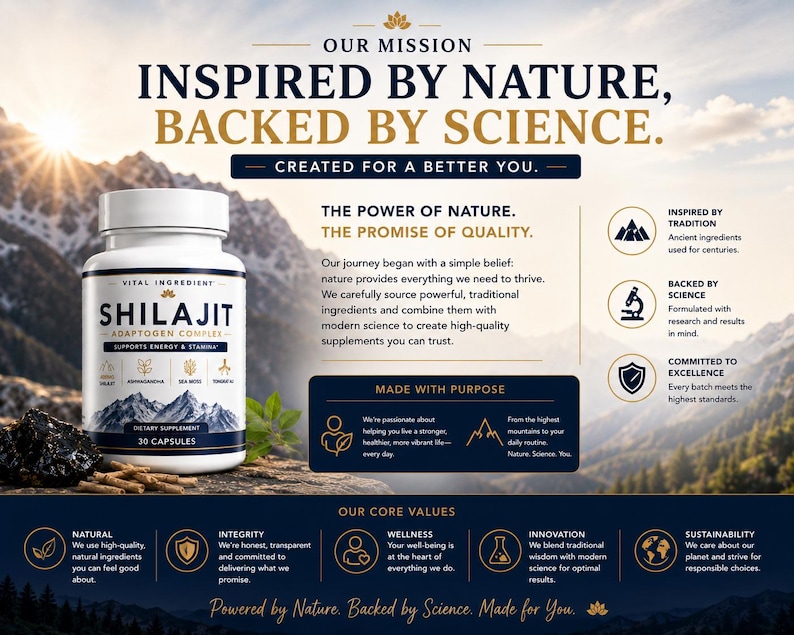 May include: A white plastic bottle of Shilajit Adaptogen Complex dietary supplement with 30 capsules. The label features mountain graphics and text including 'Inspired by Nature, Backed by Science' and 'Supports Energy & Stamina'.