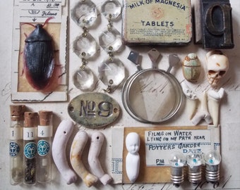 Lot Y - Collection of Vintage and Handmade Curios Components For Mixed Media Art, Assemblage, Printer's Trays etc x 26