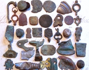An Interesting Grungy Collection of Small Antiquities and Vintage Excavated Metal Finds, Components For Mixed Media Art, Assemblage etc x 34